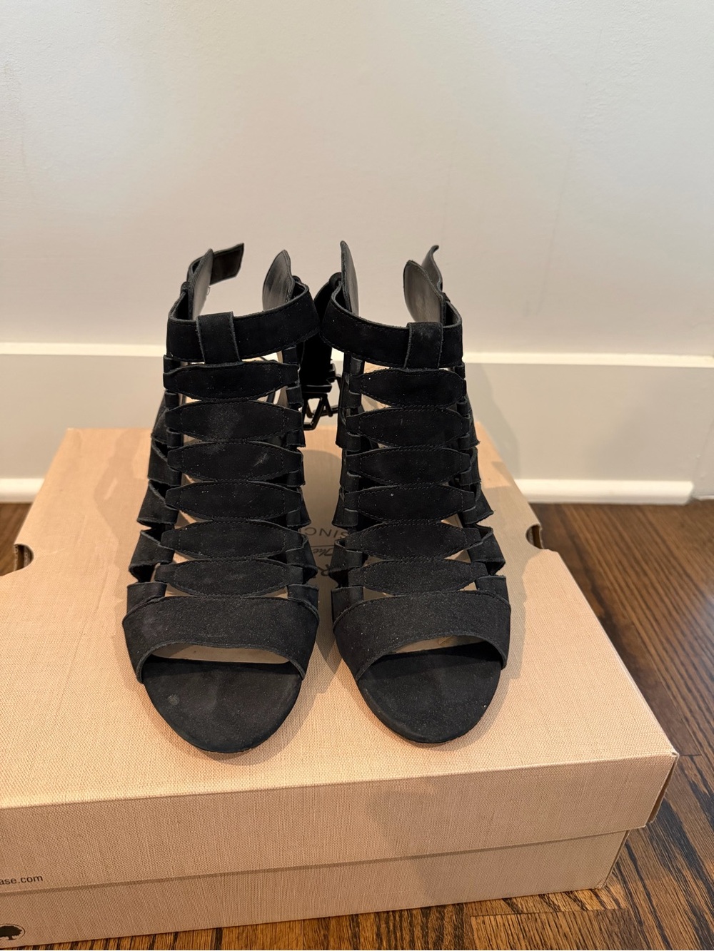 Vince Camuto Black Strappy Suede Cutout Heels - Picture 2 of 5